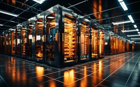 Futuristic computer network powers global communications inside modern factory generated by AI